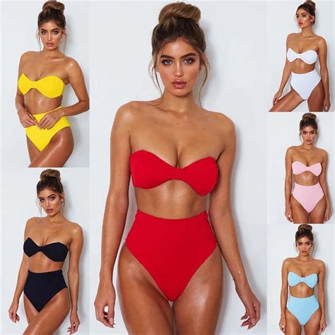 Sexy High Waist Bikini Women Bandeau Swimsuit Summer Strapless Swimming