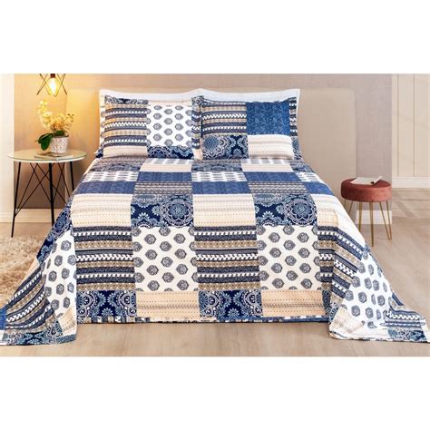 Colcha Cobre Leito Cama King Piquet Estampado 3Pçs Patchwork Azul