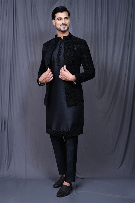 Buy Black Kurta And Pant Art Silk Embroidered Floral Velvet Jacket