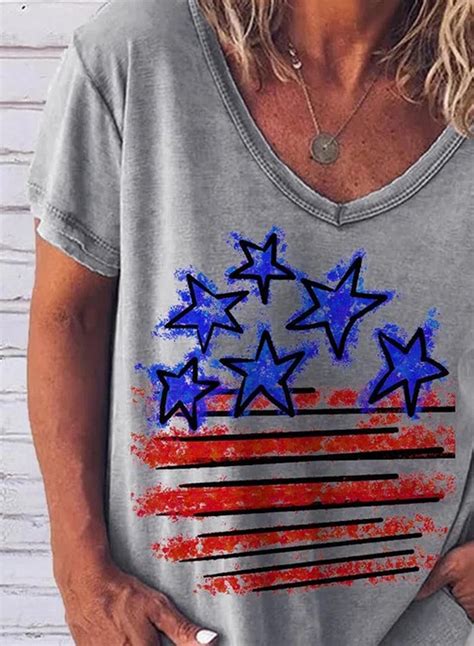 Womens 4th Of July T Shirts V Neck Short Sleeve Loose T Shirt