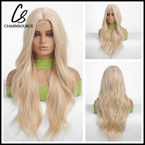 CharmSource Lace Hairline Synthetic Wigs Golden Blonde Long Wavy Wigs