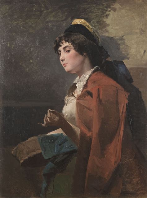 A Painting Of A Woman With A Red Coat And Blue Pants Holding A Brown Bag