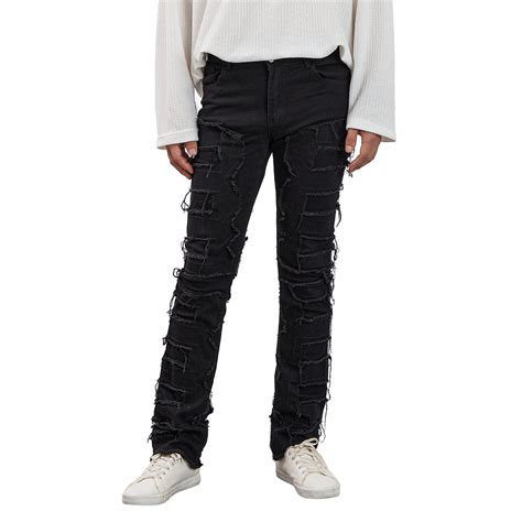 Musuos Men S Regular Fit Stacked Jeans Patch Distressed Destroyed