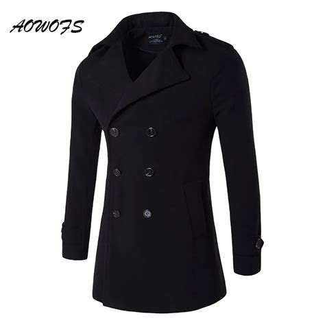 Aowofs Mens Pea Coat Winter Wool Coats Men Double Breasted Wool