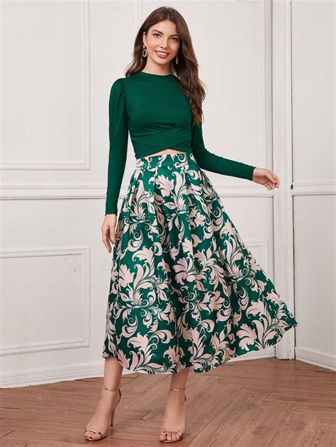 Crisscross Hem Top And Fold Pleated Floral Skirt Set In 2024 Modest