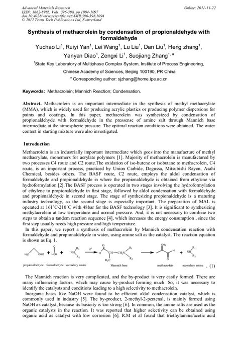 Synthesis of Methacrolein by Condensation of Propionaldehyde with ...