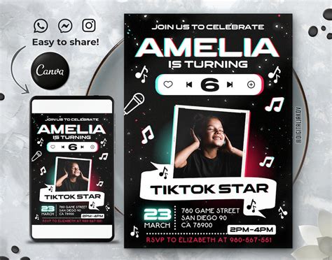 Editable Music Tik Tok Birthday Invitation Template Printable Birthday