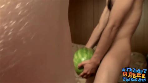 Straight Inked Guys Fuck Watermelons Until Cumming