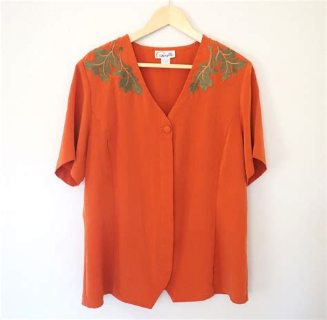 Vintage Pappagallo Terracotta Embroidered Short Sleeve Blouse Size Xl