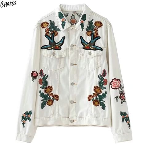 White Embroidery Floral Denim Jacket Coat Women Singe Breasted Turn Down Collar Pockets Front