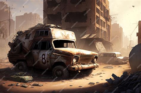 Premium Photo | A wrecked car on post apocalyptic wasteland Generative ai illustration