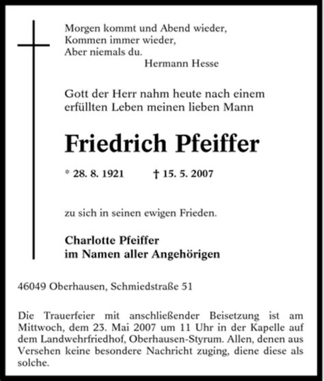 Traueranzeigen Von Friedrich Pfeiffer Trauer In NRW De