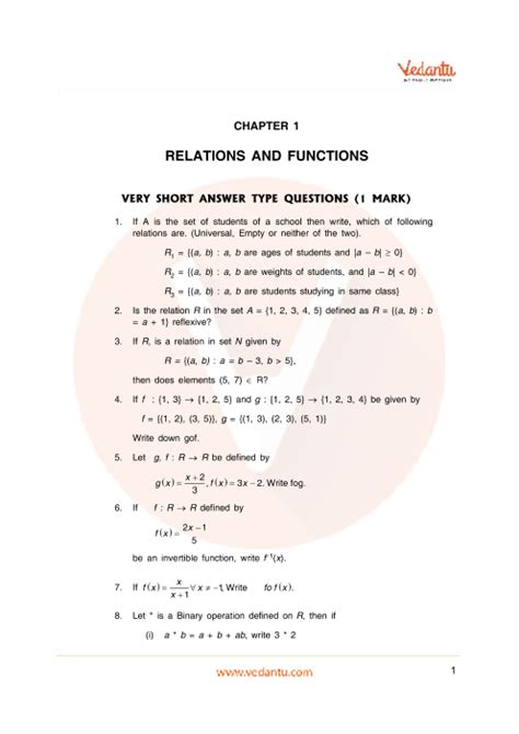 Important Questions For CBSE Class 12 Maths Chapter 1 Relations And