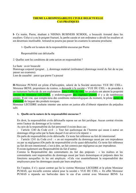 LA Responsabilite Delictuelle CAS Pratiques THEME LA RESPONSABILITE