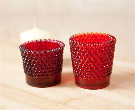 Ruby Red Hobnail Glass Votive Candle Holders Set Of 2