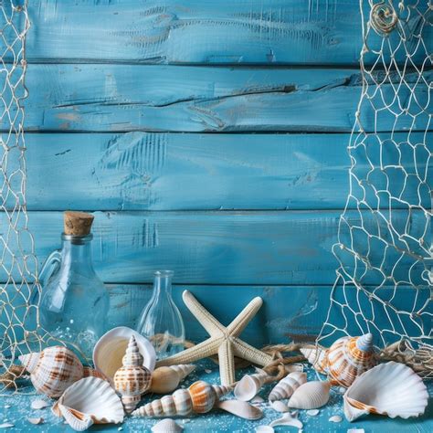 Premium Photo Sea Shells Blue Background Seashells Rope And Bottles