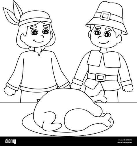 Thanksgiving Pilgrim Native American Boy Coloring Stock Vector Image