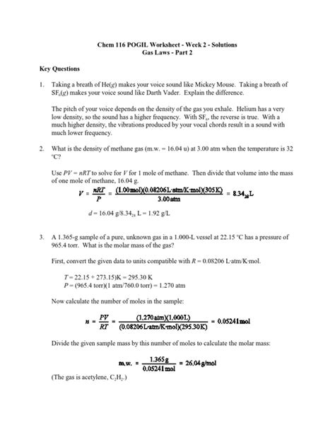 Chem 116 Pogil Worksheet Week 2 Solutions Gas Laws Part 2 Key Questions Pdf Gases