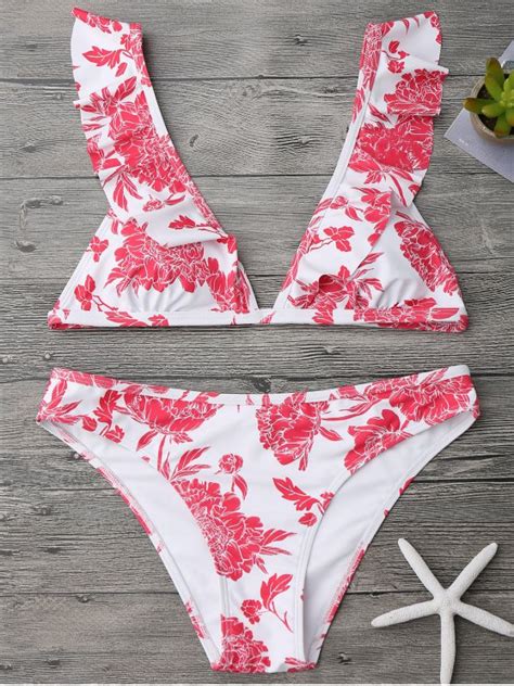 Ruffle Straps Floral Plunge Bikini Set Red And White Bikinis M Zaful