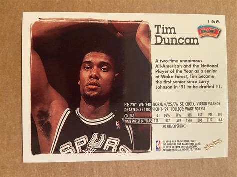 TIM DUNCAN 1997 98 Skybox NBA Hoops 166 Rookie San Antonio Spurs RC A