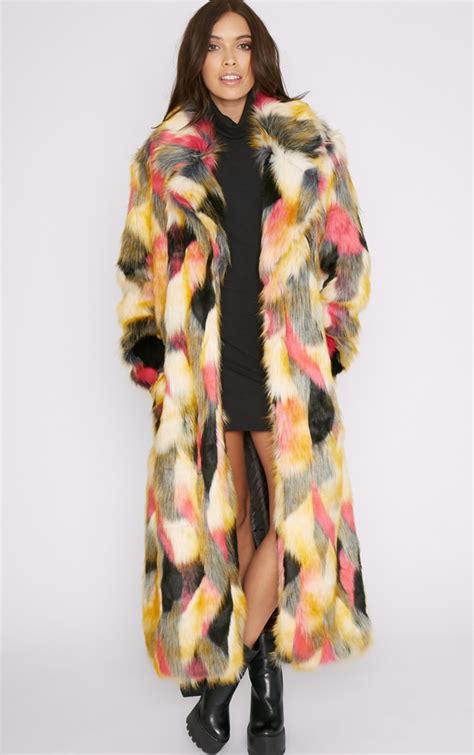 Mirabelle Multi Coloured Longline Faux Fur Coat Prettylittlething