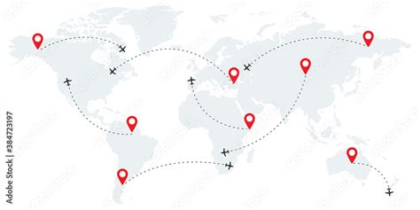 Airline route points. Plane flight with dashed path. Map of world ...