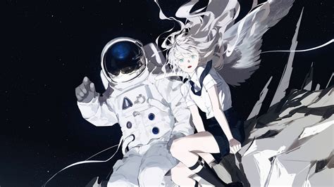 Wallpaper Astronaut Anime Girls Spacesuit Starry Night Space