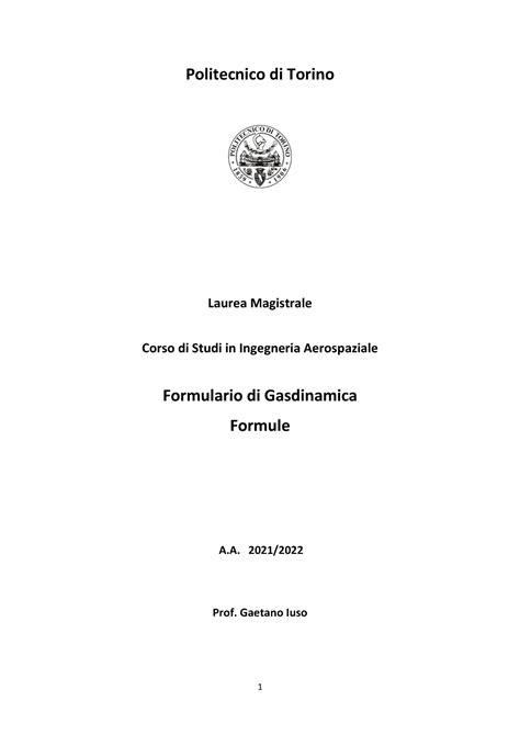 Formulario Di Gasdinamica Formule Politecnico Di Torino