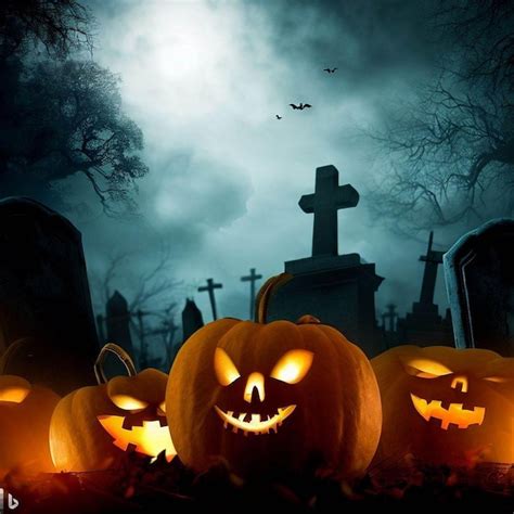 Premium Ai Image Spooky Halloween Background With Pumpkins In A Cemetery