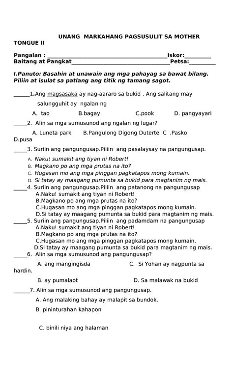 St Periodical Test Tos Mother Tongue G Unang Markahang Pagsusulit