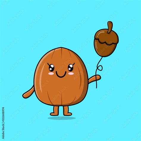 Cute Cartoon Almond Nut Floating With Acorn Balloon Cartoon Vector Illustration Stock Vector