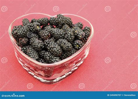 Fresh Blackberries In A Clear Glass Heart Shaped Crockery Close Up