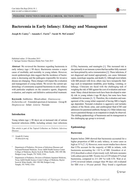 Bacteremia in Early Infancy: Etiology and Management | Request PDF