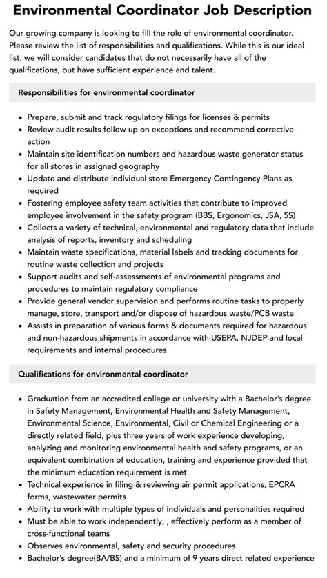 Environmental Coordinator Job Description Velvet Jobs