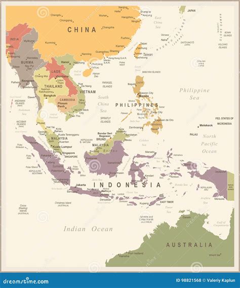 Southeast Asia Map Vintage Vector Illustration Stock Illustration