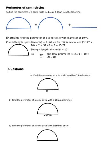 Perimeter of Semi-circles - Scaffolded Worksheet by mathewduxbury - Teaching Resources - Tes