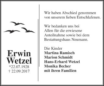 Traueranzeigen Von Erwin Wetzel M Rkische Onlinezeitung Trauerportal