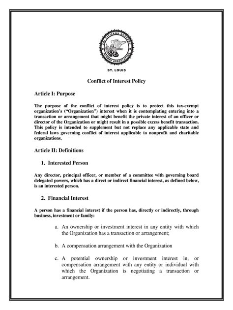 Sample Nonprofit Conflict Of Interest Policy Template For 501c3 Fill