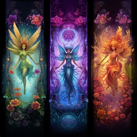 Premium Ai Image Four Different Colored Banners With Fairy Images And