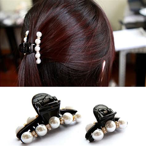 Wholesale Lady Black Acrylic Pearl Crystal Bow Hair Claws Clip For