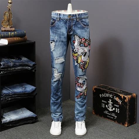 Buy Luxury Embroidery Jeans Ripped Hole Jeans Male