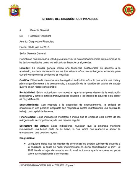 Informe DEL Diagnóstico Financiero INFORME DEL DIAGNÓSTICO FINANCIERO