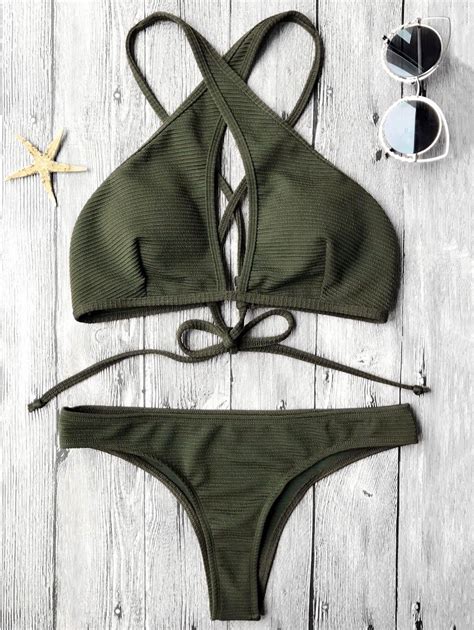 18 OFF 2021 Rib Texture Keyhole Wrap Bikini Set In DEEP GREEN ZAFUL