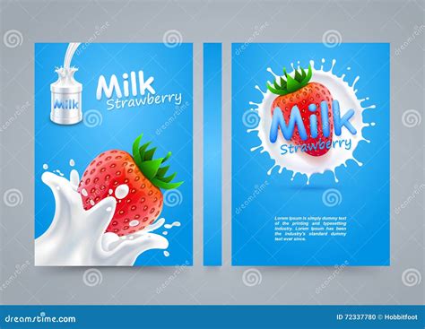 Label Milk Strawberry Cover Banner Splashing Banner A4 Size Stock