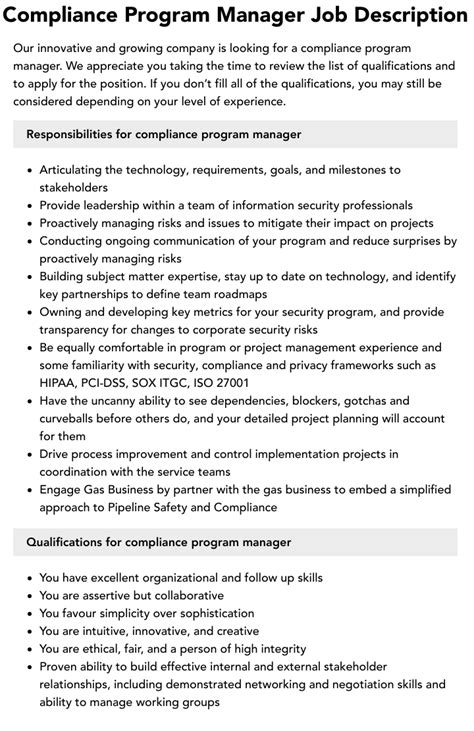 Compliance Program Manager Job Description Velvet Jobs