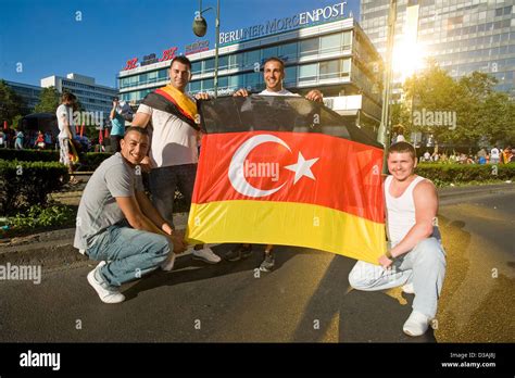 Berlin, Germany, with Deuschtuerken selbstgenaehter German-Turkish flag ...