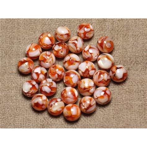 10pc Perles Nacre et Résine Boules 10mm Orange et Blanc 4558550015815