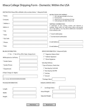 Fillable Online Ithaca College Shipping Form Domestic Fax Email Print