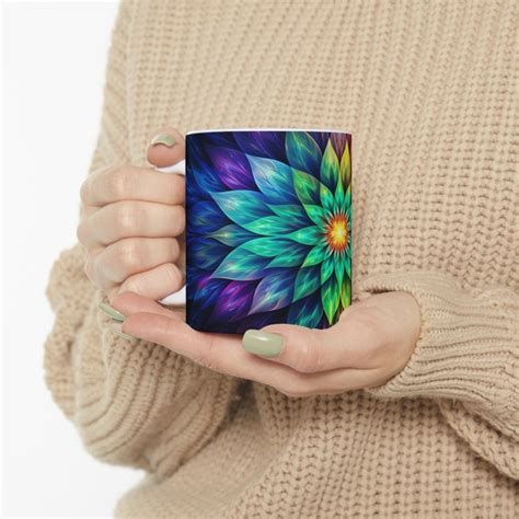 Psychedelic Rainbow Flower Mug 11 Oz Ceramic Coffee Cup Tea Mug Etsy