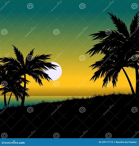 Sunset View At The Beach With Palm Tree Silhouette Stock Vector